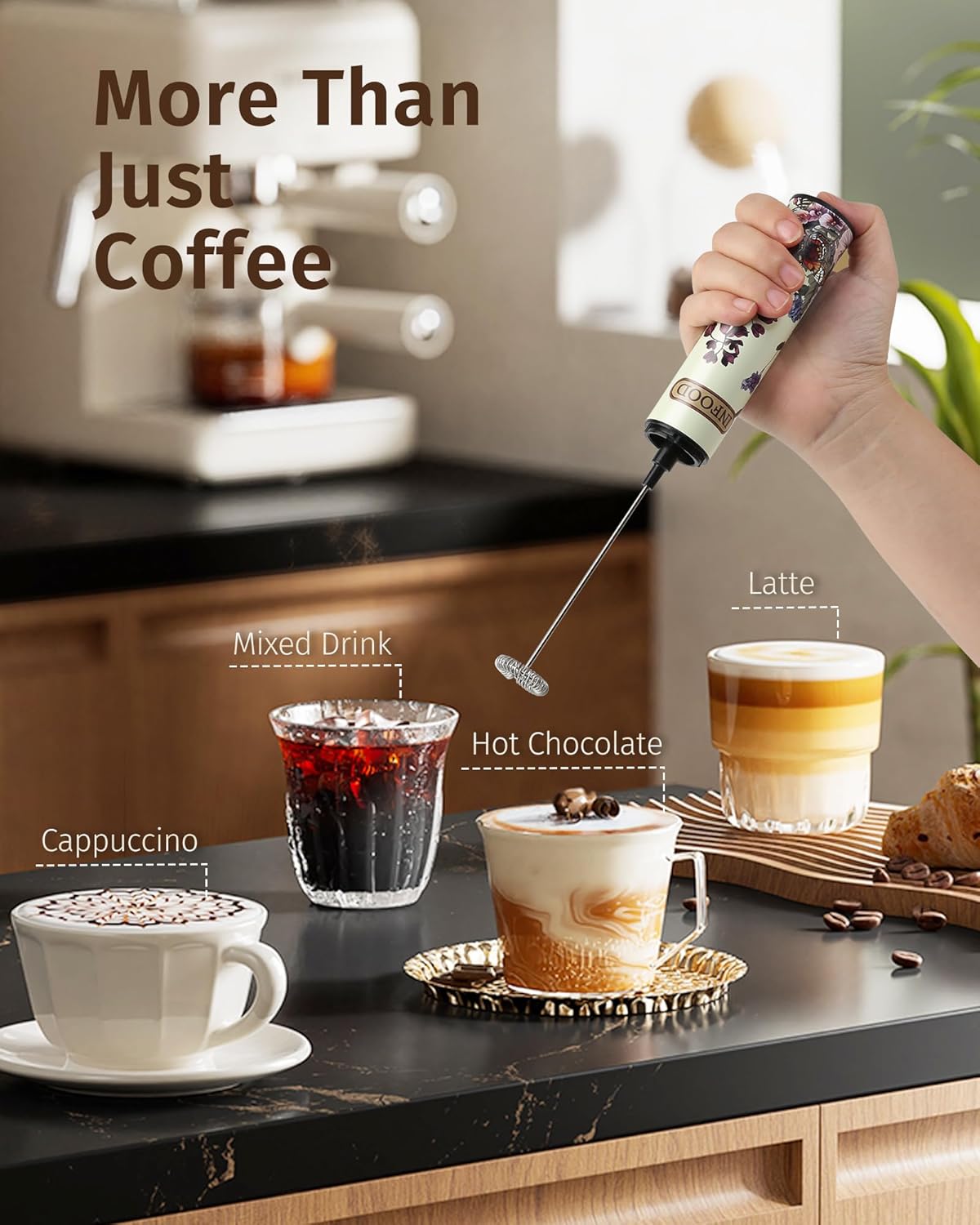 Milk Frother Rechargeable with Cover - Coffee Frother Wand, Drink Mixer Handheld with 2 Detachable Stainless Whisks 2 Speed Adjustable for Latte, Cappuccino, Hot Chocolate, Egg, Vintage Floral