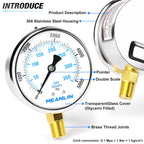 MEANLIN MEASURE 0~5000Psi Stainless Steel 1/4" NPT 2.5" FACE DIAL Liquid Filled Pressure Gauge WOG Water Oil Air Lower Mount, with 1/2" NPT and 3/8" NPT Hex Bushing