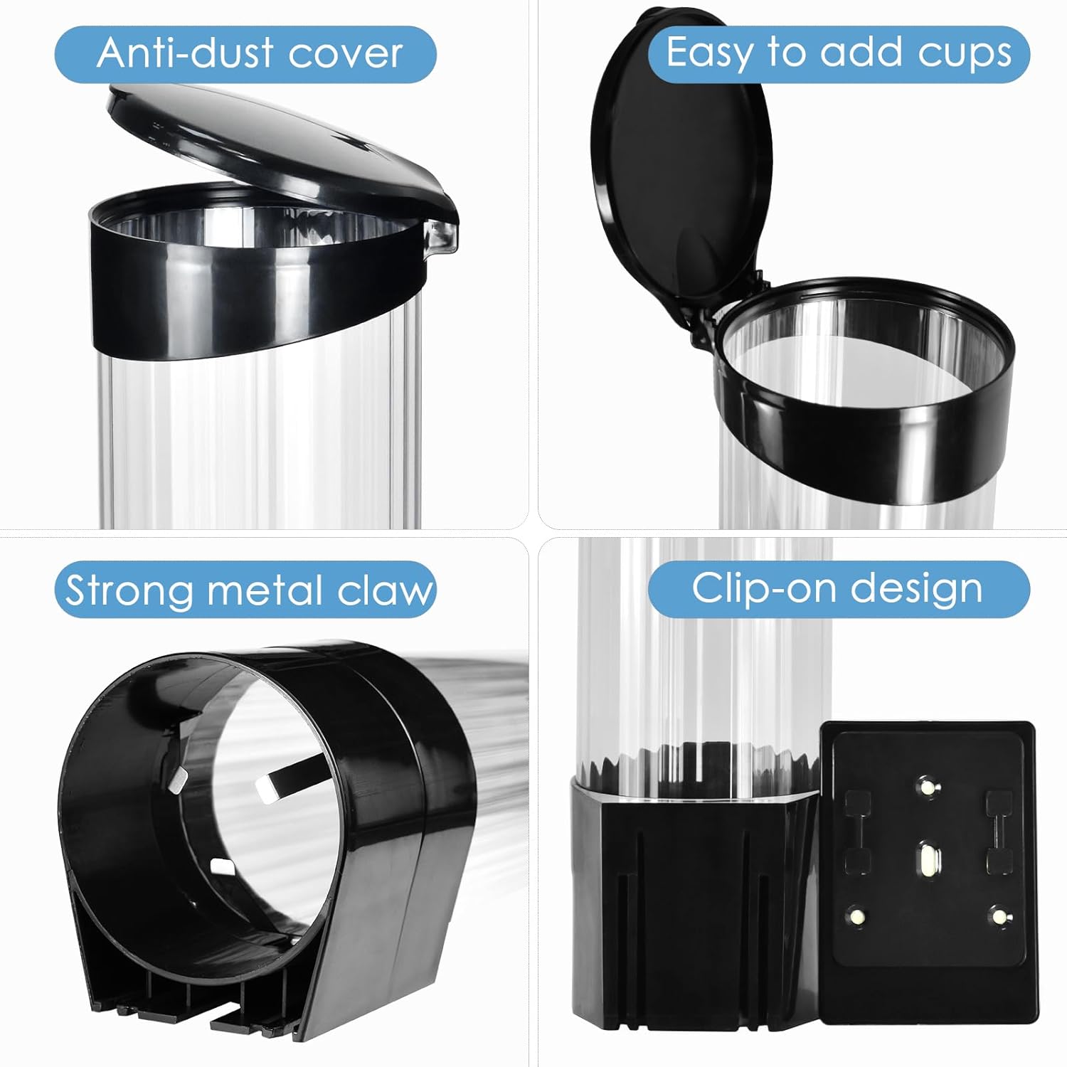 Medium Pull Type Cup Dispenser, Paste or Screw Plate Mountable Cups Holder, Fits 5oz - 7oz Cone or Flat Bottom Cups, 16” Tube Length, Mounting Water Dispenser Cooler or Wall (Medium, Black)