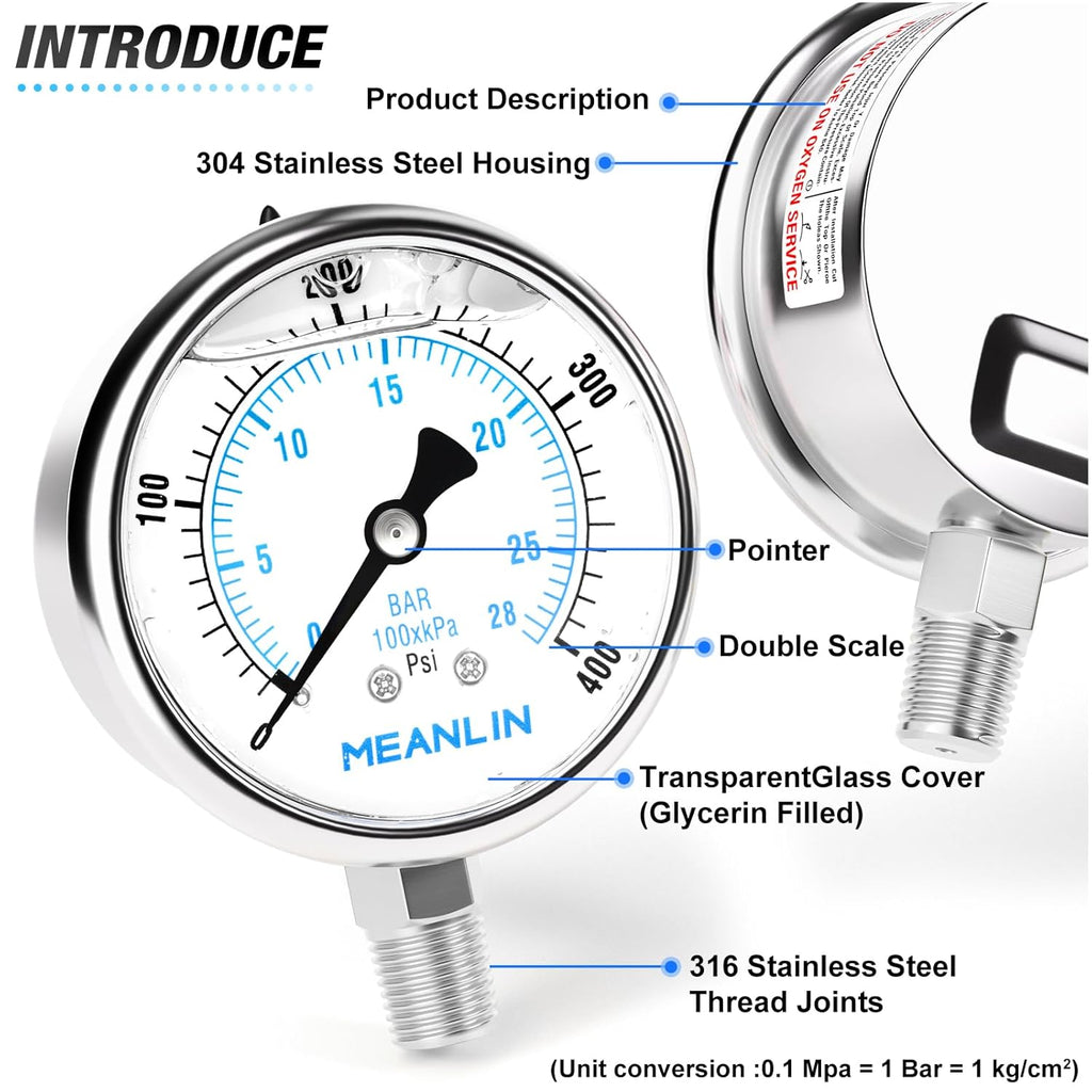 MEANLIN MEASURE 0~400Psi Liquid Filled Pressure Gauge Stainless Steel with 316 Stainless Steel Joint 1/4" NPT 2.5" FACE DIAL for Air Compressor Air Regulator Water Filter Lower Mount