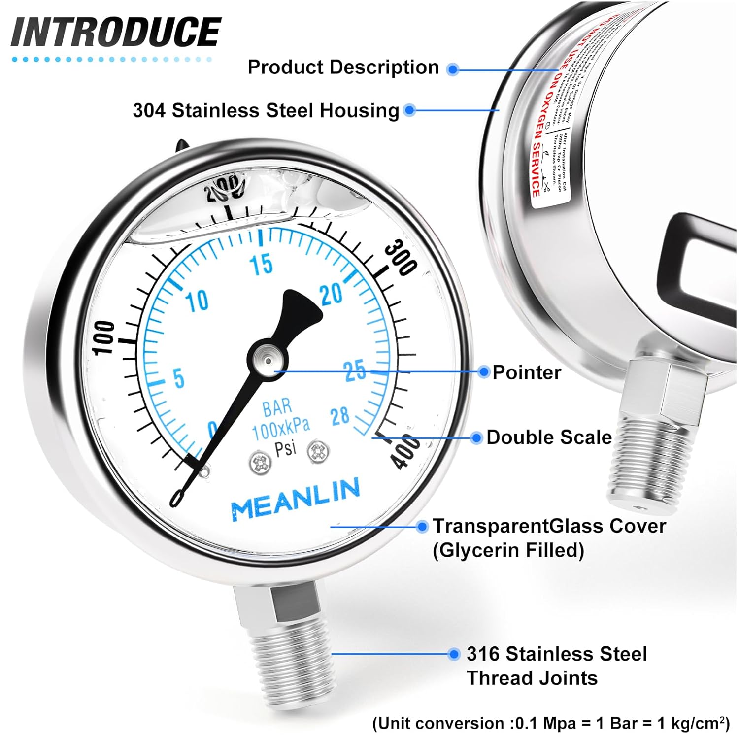 MEANLIN MEASURE 0~400Psi Liquid Filled Pressure Gauge Stainless Steel with 316 Stainless Steel Joint 1/4" NPT 2.5" FACE DIAL for Air Compressor Air Regulator Water Filter Lower Mount