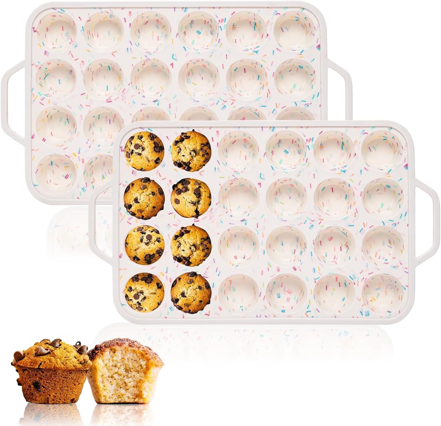 Silicone Mini Muffin Pan, 24 Cups Muffin Tin Baking Mold With Reinforced Stainless Steel Frame Inside, Nonstick Bakeware Cupcake Pan BPA Free, 2PCS