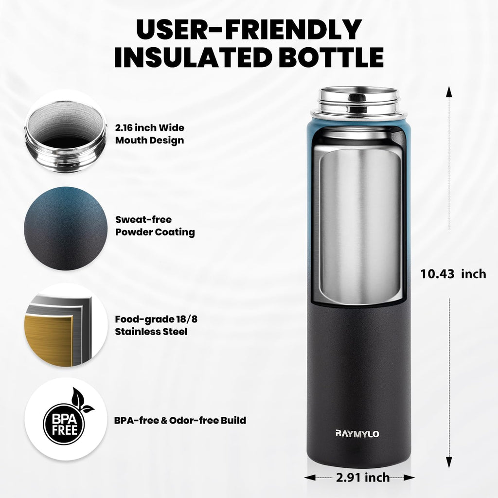 Insulated Water Bottle 24oz, Triple Wall Vacuum Stainless Steel (Cold for 48 Hrs, Hot for 24Hrs), Leak Proof & Non-BPA, 24oz Hydro Water Flask with Paracord Handle & Straw Spout Lids