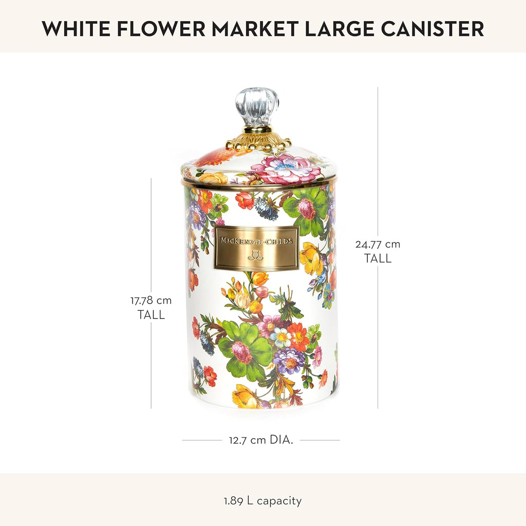 MACKENZIE-CHILDS Large Enamel Canister, Kitchen Storage Container for Flour and Sugar, 1.89 Liters, White Flower Market