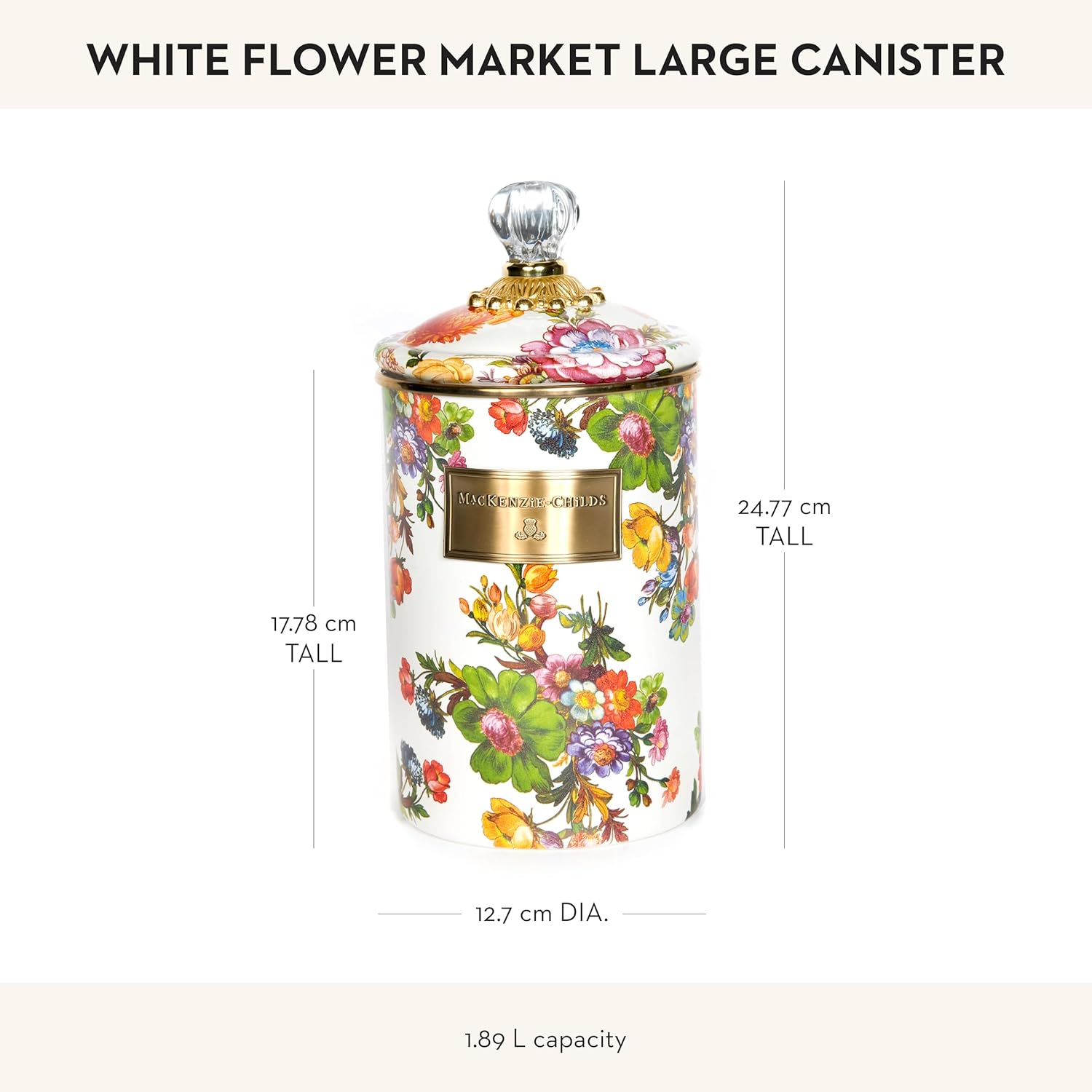 MACKENZIE-CHILDS Large Enamel Canister, Kitchen Storage Container for Flour and Sugar, 1.89 Liters, White Flower Market