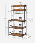 VASAGLE Hutch Bakers Rack with Power Outlet, 14 Hooks Microwave Stand, Adjustable Coffee Bar with Metal Wire Panel, Kitchen Storage Shelf, 15.7 x 31.5 x 66.9 Inches, Rustic Brown and Black UKKS025B01