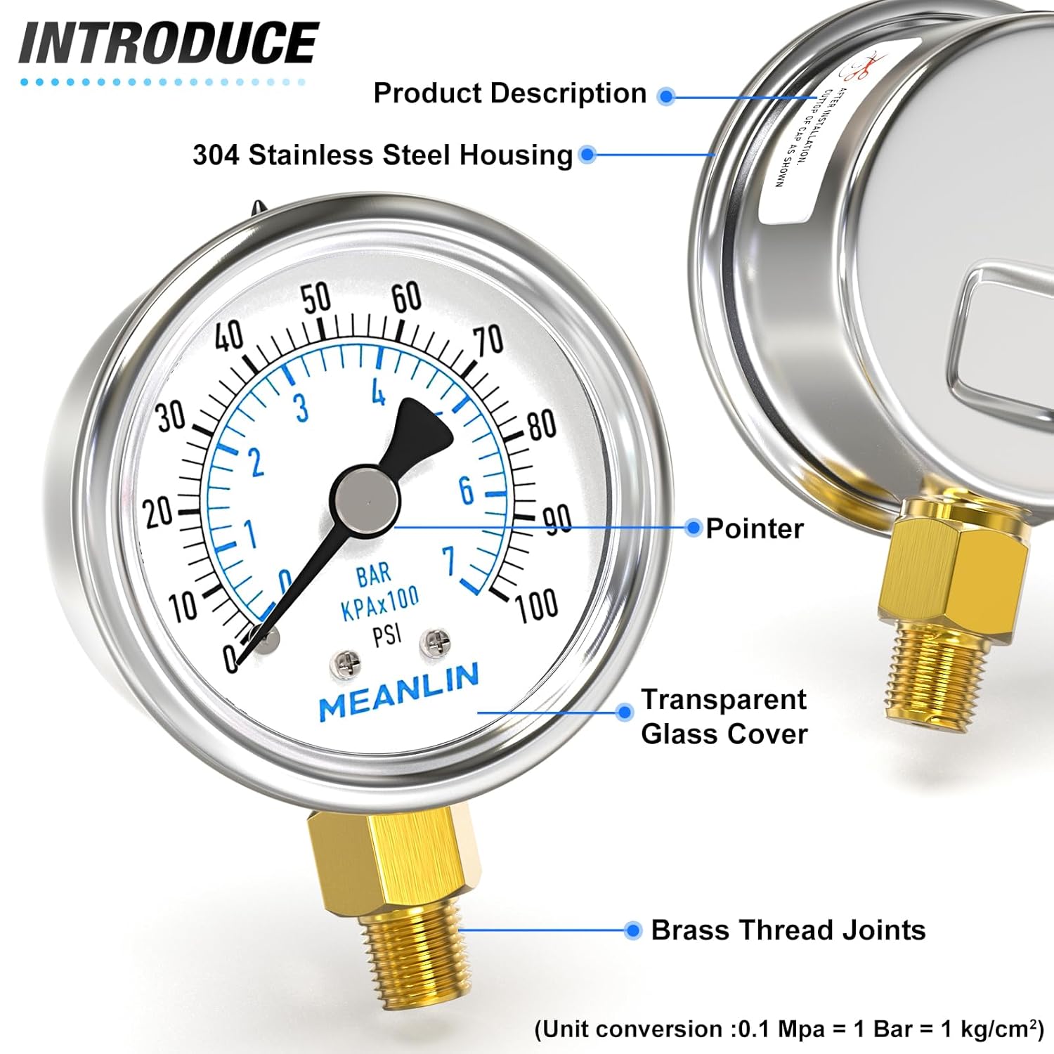 MEANLIN MEASURE 0~100Psi Dry Pressure Gauge Stainless Steel 1/8" NPT 2" FACE DIAL Waterproof for Well Pump Water Tire Water Pressure Tester Lower Mount with 1/4" NPT and 3/8" NPT Hex Bushing