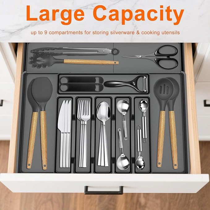Silverware Organizer, Expandable Kitchen Drawer Organizer, Adjustable Cutlery Organizer, Forks, Knifes, Multipurpose Storage Divider(6-9 Slots), Large, Black