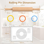 Classic Wooden Rolling Pin with Handle and Pastry Mat for Fondant, Pizza, Pies, Cookies, Rolling Pin for Baking with 3 Multi-Color Thickness Rings, 17" x 2.5" Natural Beechwood