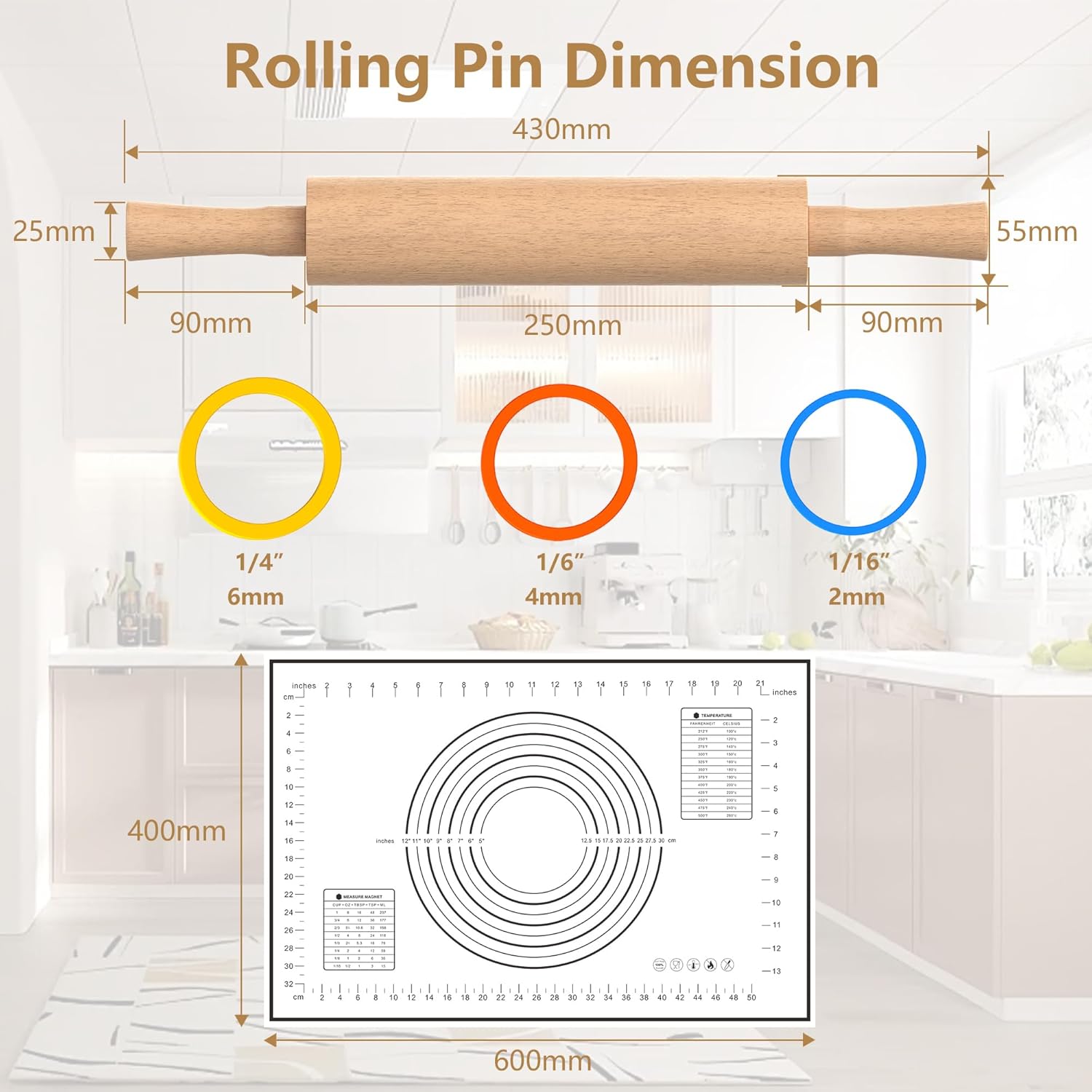 Classic Wooden Rolling Pin with Handle and Pastry Mat for Fondant, Pizza, Pies, Cookies, Rolling Pin for Baking with 3 Multi-Color Thickness Rings, 17" x 2.5" Natural Beechwood