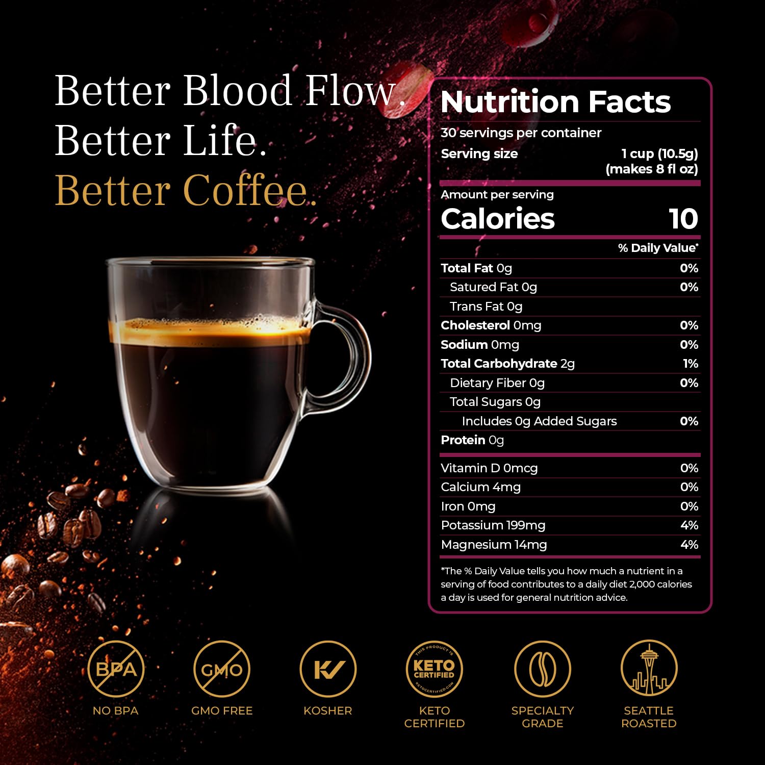 VINIA Blood Flow Energy Coffee Pods - Medium Roast Infused with Red Grape Piceid Resveratrol for Physical Energy & Mental Alertness, Compatible with K Cups Superfood Coffee, Full-Bodied, 30 Ct