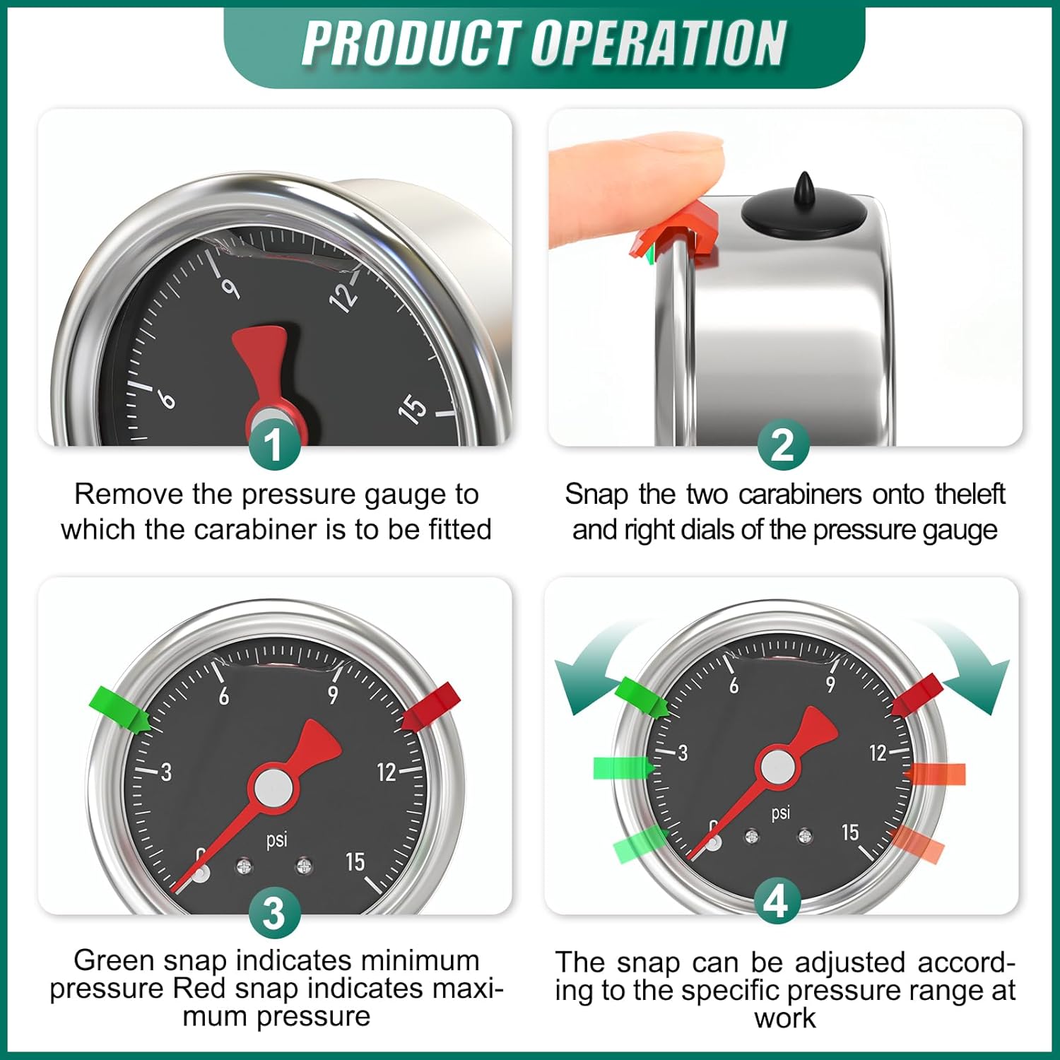 0-15PSI Stainless Steel Glycerin Filled Pressure Gauge 1.5" Black Dial Size, 1/8" NPT Lower Mount, for Tube, Water Pump, Gas, Liquid, Pressure Test (with Range Mark Pointer)