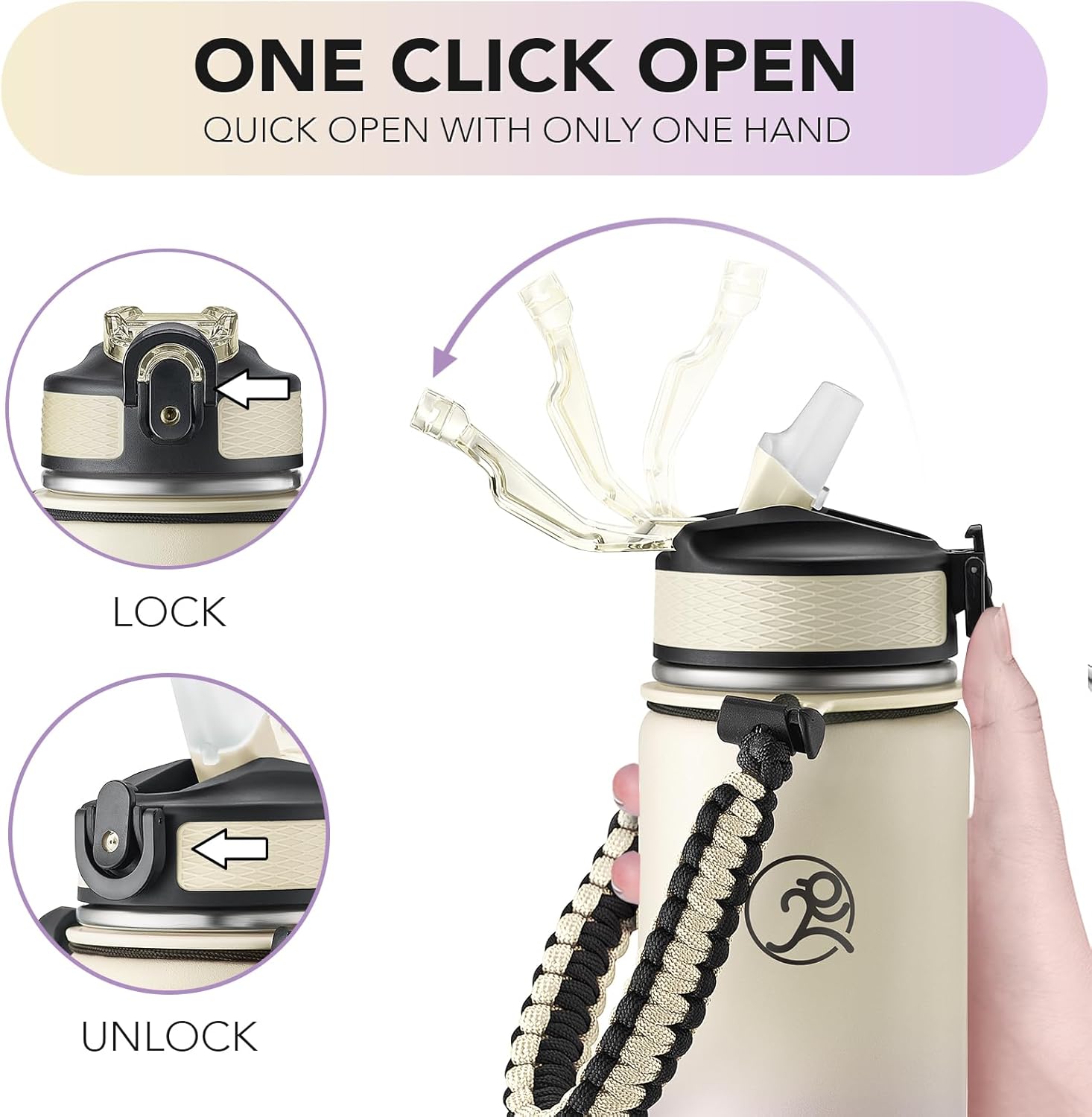 GOSWAG Insulated Sports Water Bottle, 24oz 2 Lids(with Straw/No Straw), Stainless Steel Water Bottles with Paracord Handle, Insulated Bottle with Double-Wall Vacuum Insulation