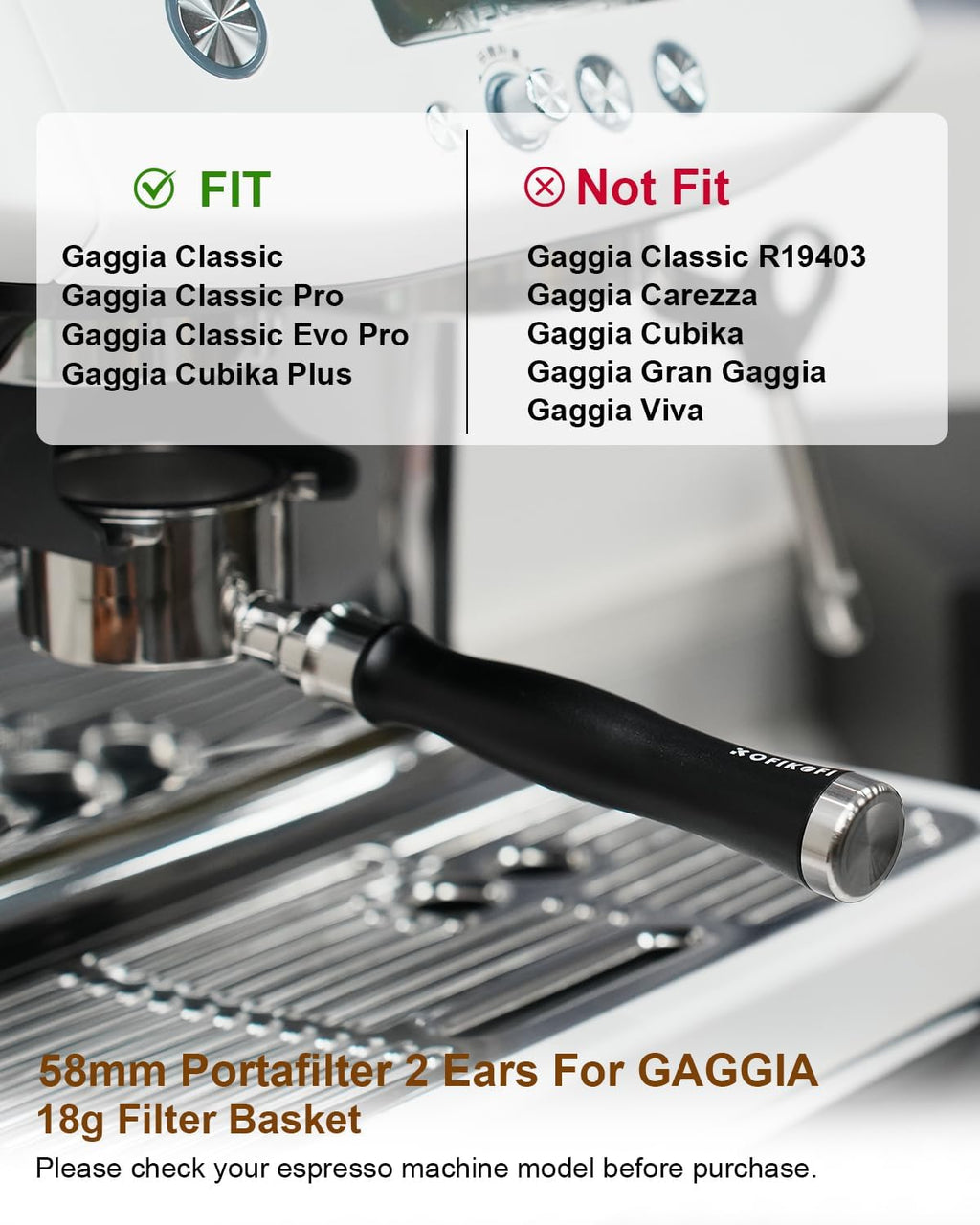 58mm Bottomless Portafilter For Gaggia, 2 Ears Flat Naked Portafilter Fits Gaggia Espresso Coffee Machines with Anodized Aluminum Handle, Stainless Steel Head,18g Filter Basket, Puck Screen Included