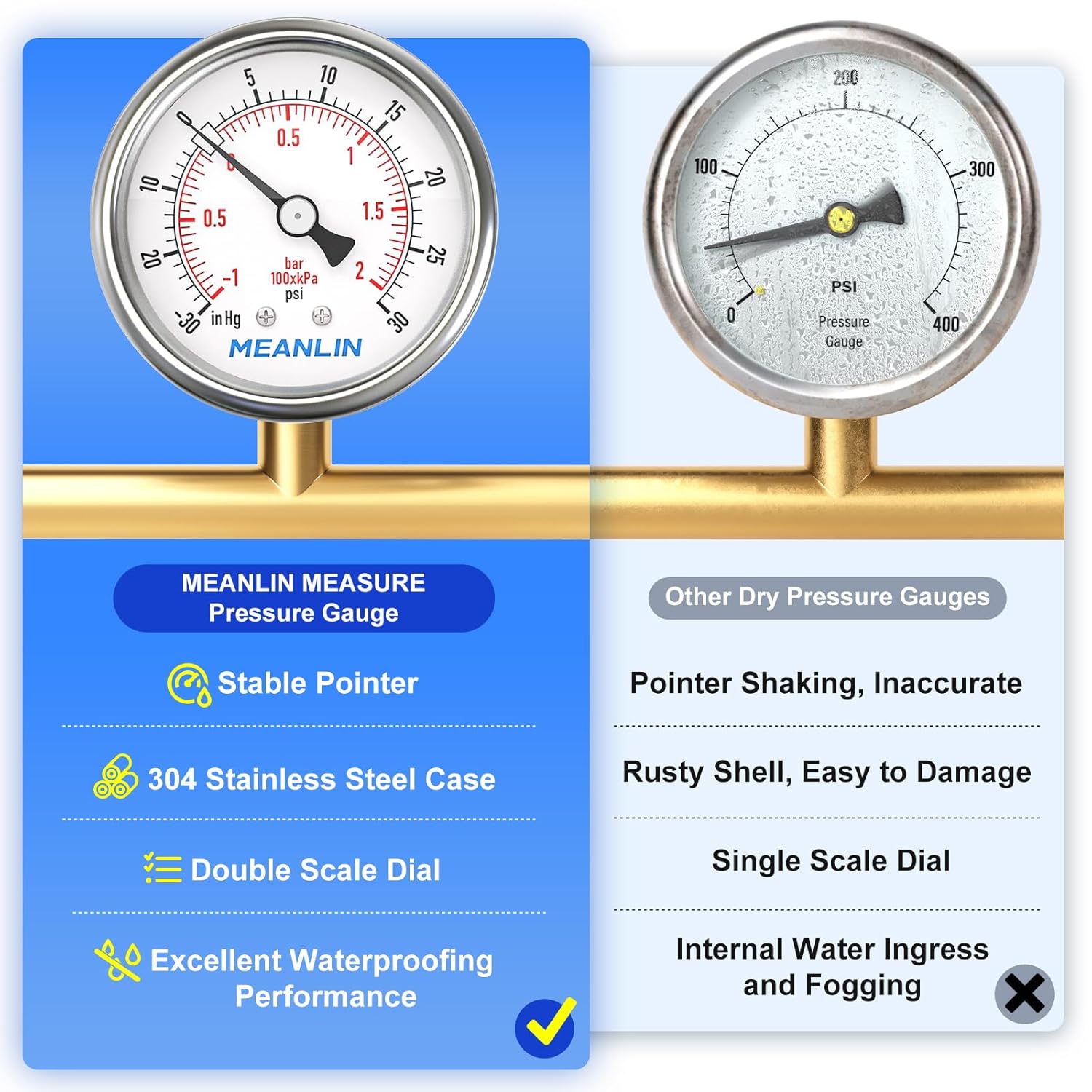 MEANLIN MEASURE -30inHG~30Psi Vacuum Gauge Stainless Steel 1/4" NPT 2" FACE DIAL Waterproof for Air Compressor HVAC Negative Pressure Hand Pump Pool Back Mount with 1/2" NPT and 3/8" NPT Hex Bushing
