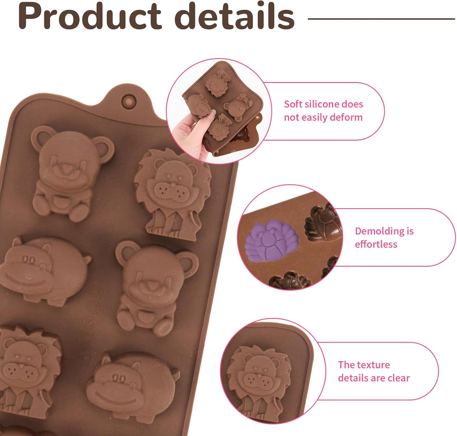 3 Pcs Non-Stick Brown Animal Themed Chocolate and Fondant Silicone Baking Molds with Wax Melt Function