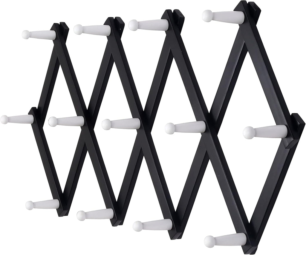 Dseap Accordian Wall Hanger: 16” High Wooden Wall Expandable Coat Rack, Hat Rack Holder, Accordion Hook for Baseball Caps, Coats, Mugs, 13 Peg Hooks, Black & White