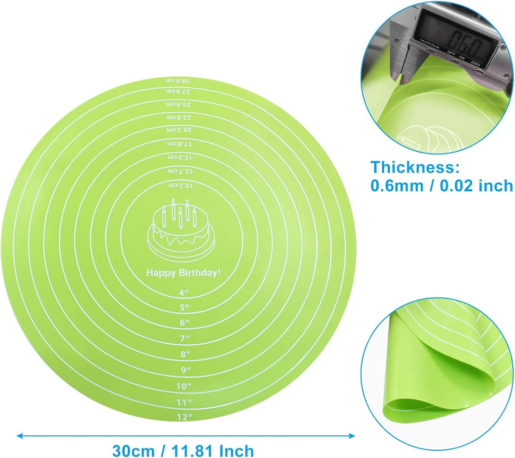 Hitefu 12 Inch Round Silicone Cake Mat, Silicone Baking Mat with Measurement for Cake Turntable & Rolling Dough (Green)