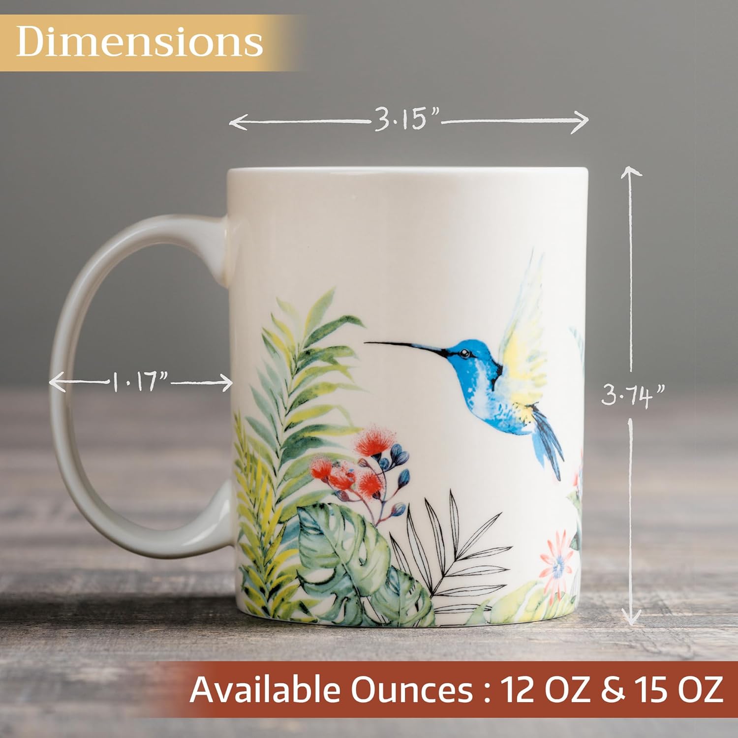 Maison d' Hermine Coffee Mug with Handles Fine Bone China Mugs Pack of One Tea Cups for Hot Beverages Cappuccino Latte Home Restaurant Office Perfect for Gift (Tropiques - Hummingbird, 12 Ounce)
