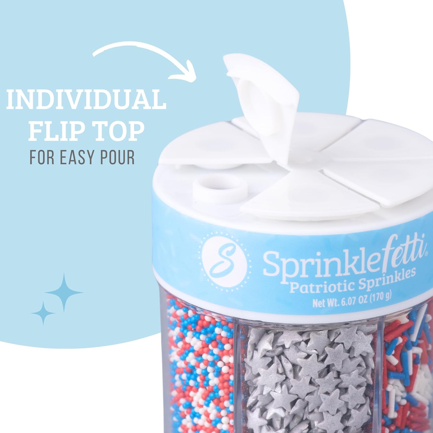 Sweets Indeed Sprinkles 6 Cell Edible Sprinkle Mix Jimmies Perfect for Cake Decorations Baking Ice Cream Cookies Cupcake Topper (Patriotic)
