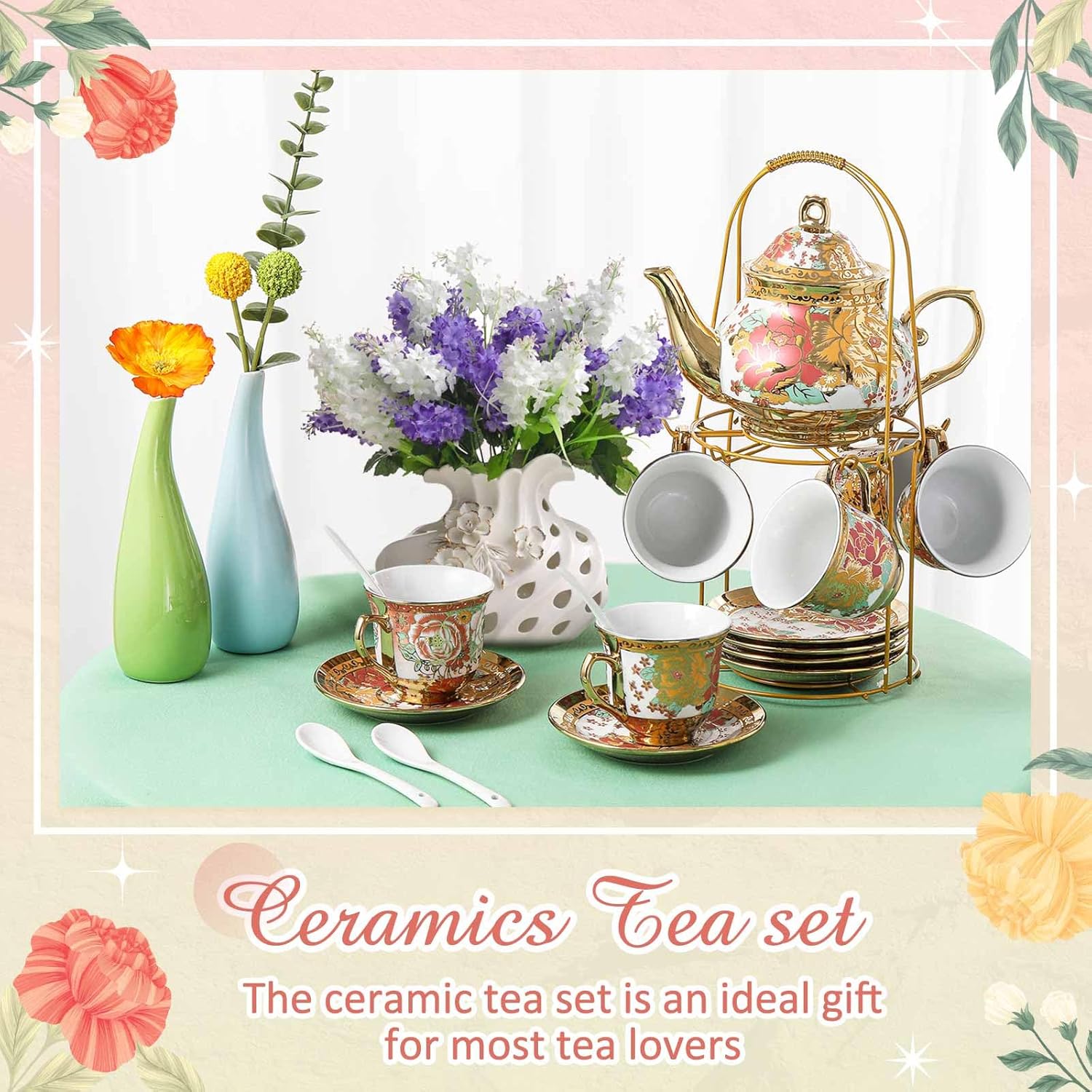 Zhehao 20 Pcs Porcelain Tea Set with Metal Holder and Spoon Adult Ceramic Tea Party Set European Flower Painting Teapot Cup Saucer Spoon Set for Women, Large Version(Stylish Style)