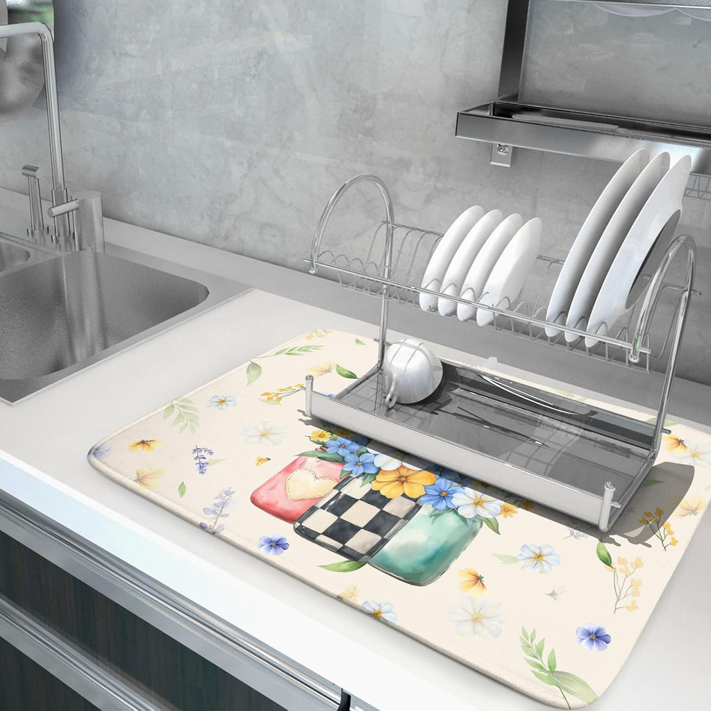 Giwawa Spring Flower Vases Dish Drying Mat for Countertop, 18"x24" Watercolor Floral Mason Jar Dish Drainer Mats, Wildflower Botanical Fast Dry Microfiber Large Dish Drying Pad Decoration