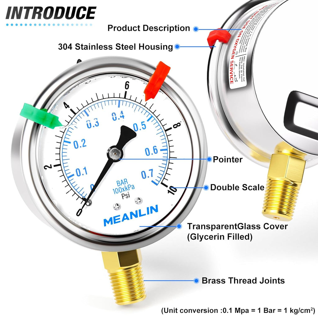 MEANLIN MEASURE 0~10Psi Liquid Filled Pressure Gauge 1/4" NPT 2.5" FACE DIAL Stainless Steel Glycerin Filled WOG Water Oil Air Lower Mount (with 2PCS Snaps)
