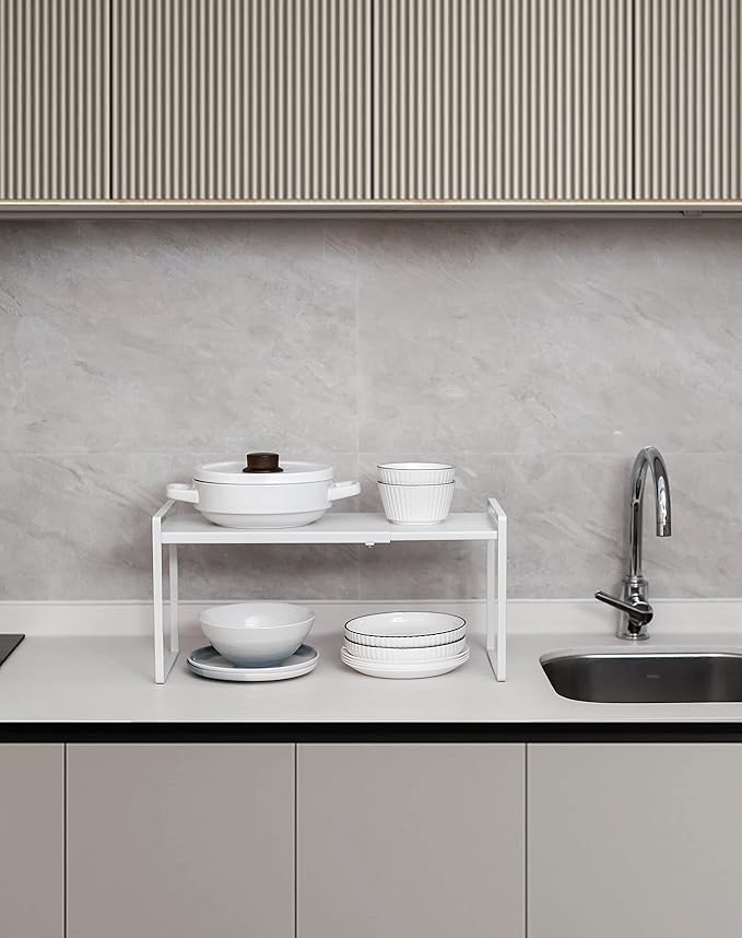 Nxconsu Expandable Cabinet Shelf Organizer Riser for Kitchen Pantry Cupboard Under Sink Countertop Home Storage Organization Rack Space Saver Freestanding Heavy Duty Nonslip Stackable White Large