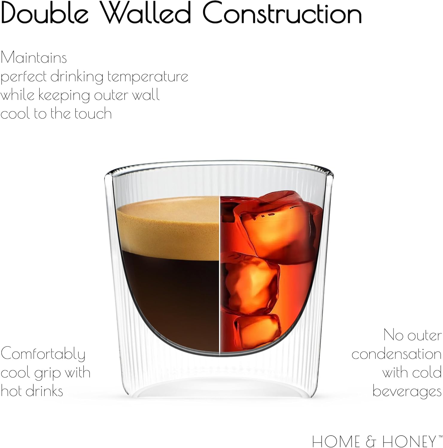 HOME & HONEY Double-Walled Insulated Glass Espresso Cups, Set of 2, 5.4oz Capacity, Fluted Borosilicate Glass