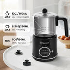 Milk Frother Warmer 3in1 Electric Milk Steamer Stainless Steel Foam Maker, 12oz Hot Cold Frothing, Thick Foam for Macchiatos, Cappuccinos (Black)