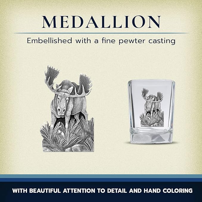 Heritage Pewter Moose Square Shot Glass | Hand-Sculpted 1.5 Ounce Shot Glass | Intricately Crafted Metal Pewter Inlay