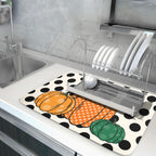 Autumn Pumpkin Dish Drying Mat for Kitchen Counter,Black Round Dot Decoration Drying Mat 18 x 24 Inch with Absorbent Reversible Microfiber Dish Drying Pad Dish Rack Drainer Mat for Coffee Bar