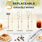 YUSWKO Rechargeable Milk Frother Handheld with 3 Heads, Silver Coffee Electric Whisk Drink Foam Mixer, Mini Hand Stirrer with 3 Speeds Adjustable for Latte, Cappuccino, Hot Chocolate, Egg