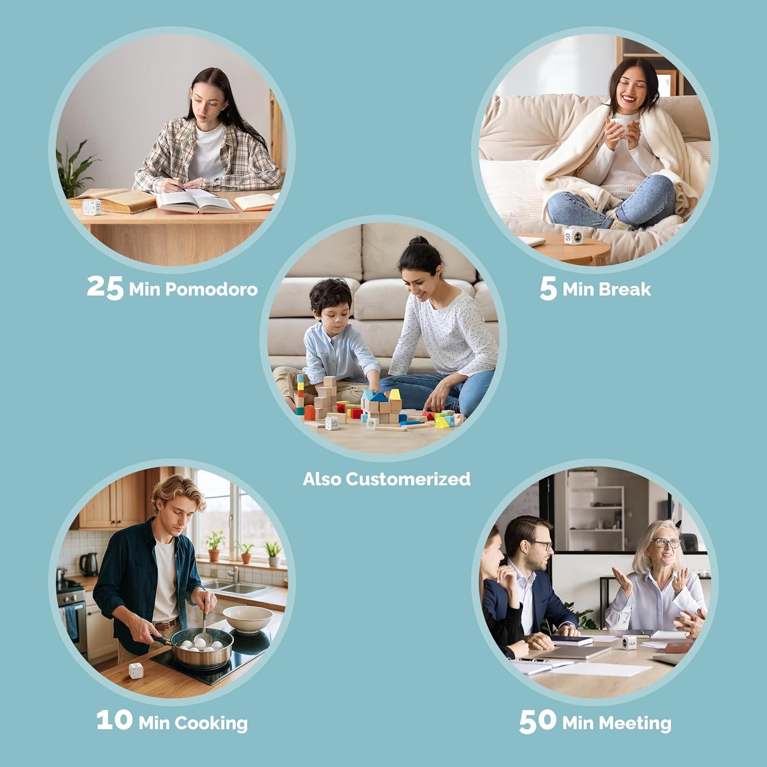 KADAMS Pomodoro Cube Timer Productivity Visual Timer - 5/10/25/50 Min Rotating Countdown, Customize Countup Silent Mode- for Work Study Cook Workout Kitchen Back to School Classroom (White)