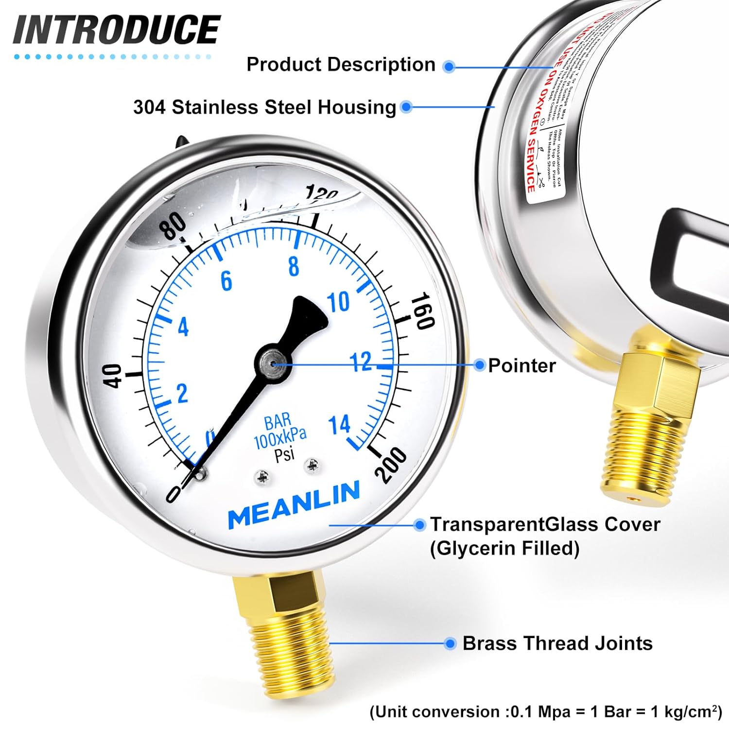 MEANLIN MEASURE 0~200Psi Stainless Steel 1/4" NPT 2.5" FACE DIAL Liquid Filled Pressure Gauge WOG Water Oil Air Lower Mount, with 1/2" NPT and 3/8" NPT Hex Bushing