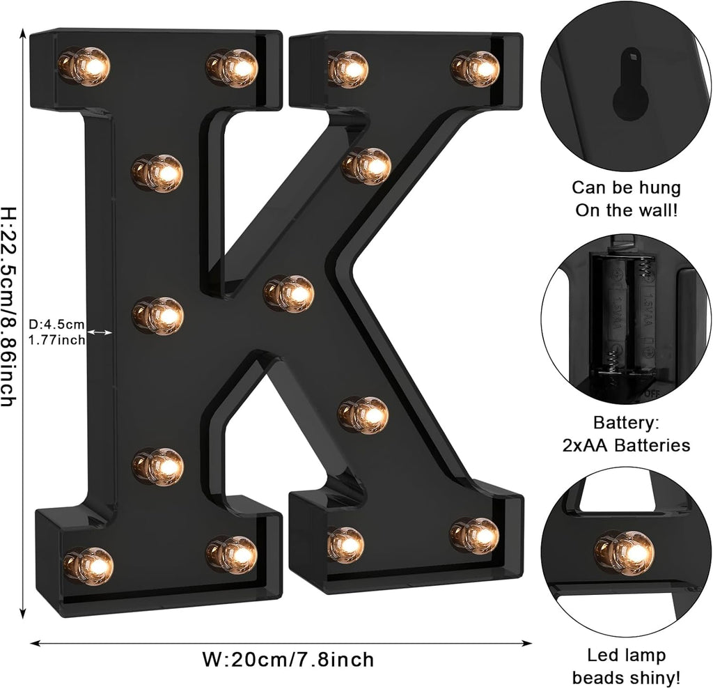 Foaky Black LED Letter Lights for Room Decor - Bedroom Wall Decor, Alphabet Lights for Home, Wedding, Party - Battery Operated （K）