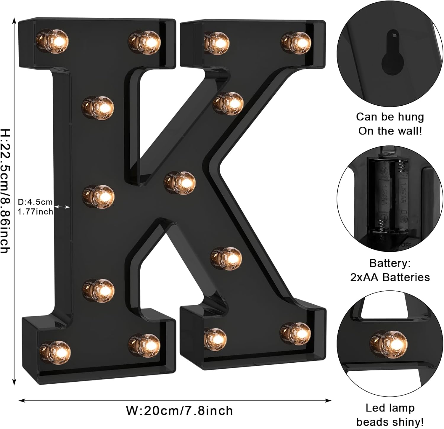Foaky Black LED Letter Lights for Room Decor - Bedroom Wall Decor, Alphabet Lights for Home, Wedding, Party - Battery Operated （K）