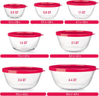 7 Stackable Space-Saving Nesting Glass Bowls with Pink Lids for Foodprep, Storage, Baking, Mixing & Cooking, Microwave Safe - Durable Inert Borosilicate Glass