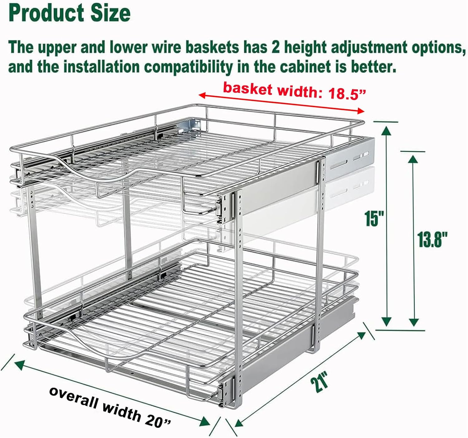 DINDON 2 Tier Pull Out Cabinet Organizer (20" W X 21" D), Double Tier Wire Basket Slide Out Shelf Storage for Kitchen Base Cabinet Organization for Kitchen, Pantry, Bathroom, Chrome