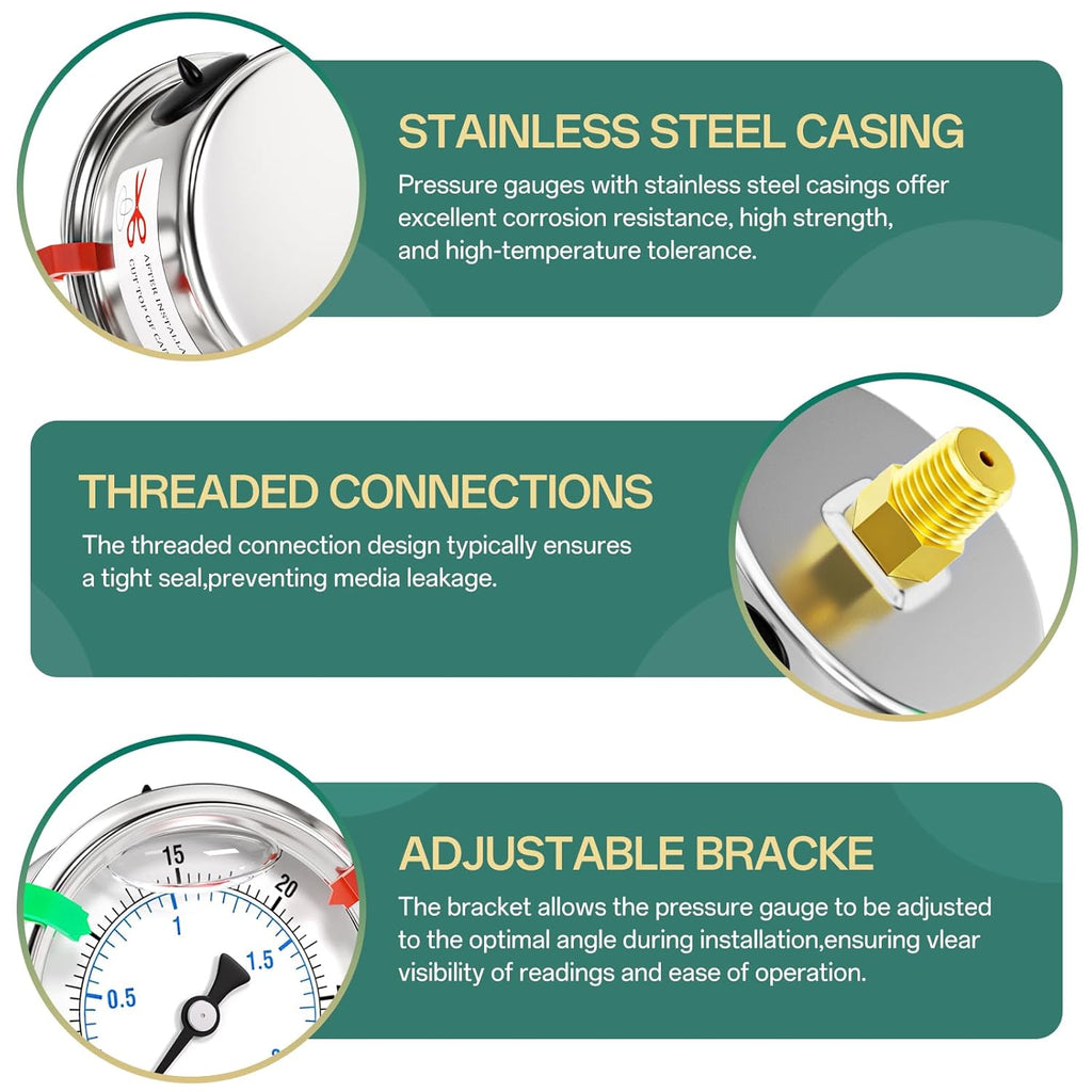 0-60psi Stainless Steel Glycerin Liquid Filled Pressure Gauge 1/4" NPT 2.5" Face Dial Center Back Mount, for Water, Oil and Air Pressure Testing (with Range Mark Pointer)