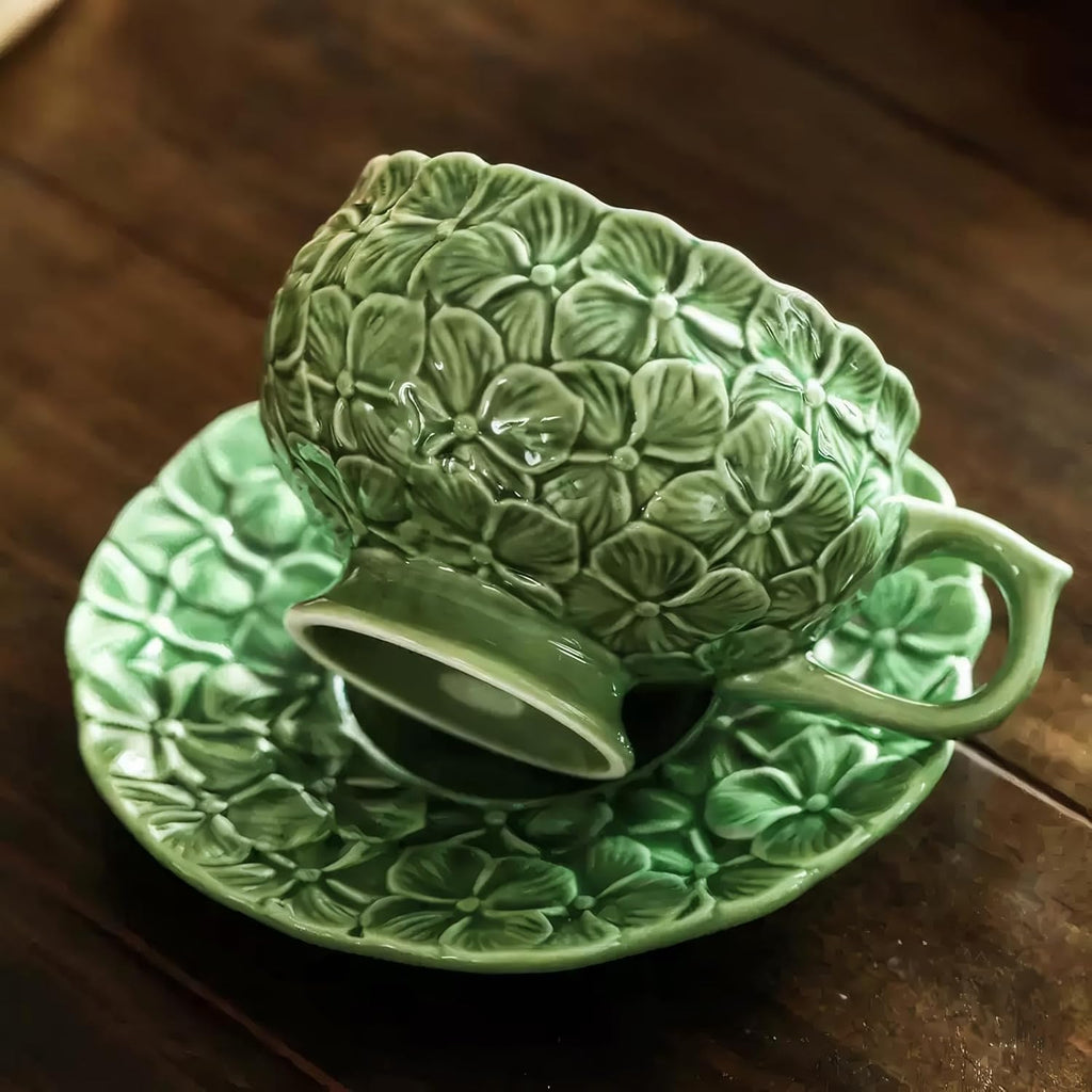 KAMMAK Tea Cups and Saucers Set of 2, Porcelain Coffee Cups, 8.5-Ounce Stackable Espresso Mugs, Ceramic Demitasse for Coffee, Latte, Americano, Tea, Green Flower