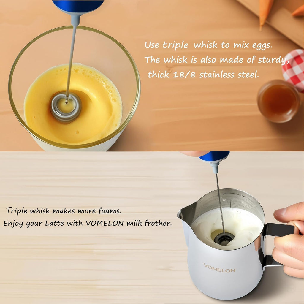 Milk Frother Handheld, Battery Operated Coffee Foamer Drink Mixer with 2 Stainless Steel Electric Whisks for Coffee, Latte, Cappuccino, Hot Chocolate, Protein，Egg Batteries Included,Blue