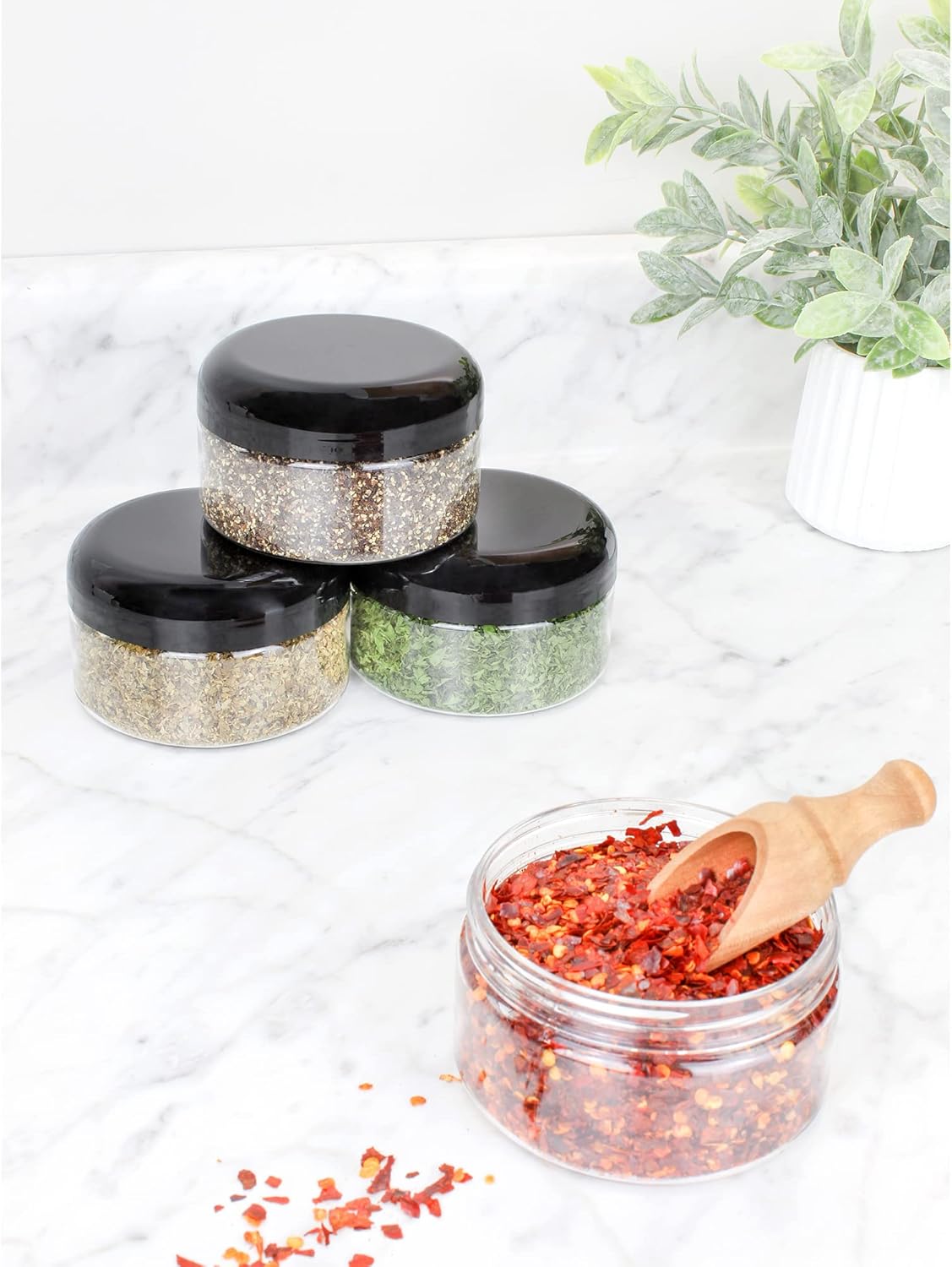 Cornucopia Brands 8oz Clear Plastic Jars w/Black Plastic Lids (6-Pack); BPA Free PET Stackable Containers for Bathroom & Kitchen Storage & Cosmetics