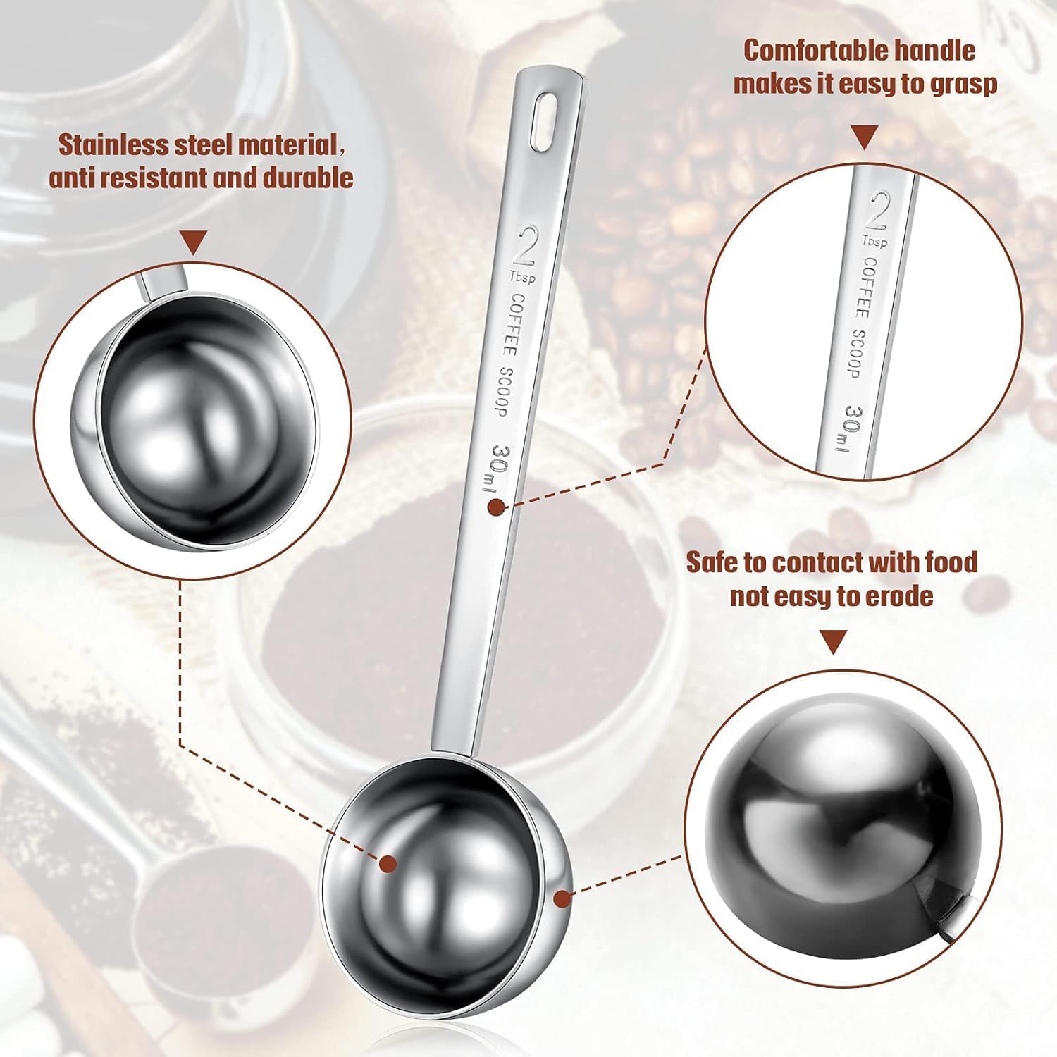 Geiserailie 8 Pieces 2 Tablespoon Scoops with Long Handle, 30 ml Stainless Steel Measuring Spoon for Coffee Milk Fruit Powder, Loose Tea Dry, Spice Jar, Cooking Baking, and Other Dry Goods
