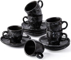 SIDUCAL Espresso Cups Set of 6,2 Ounce Ceramic Coffee Cups with Saucers,Porcelain Double Espresso Shot Cup Set,Gift Box for Boyfriend Gift(Black)