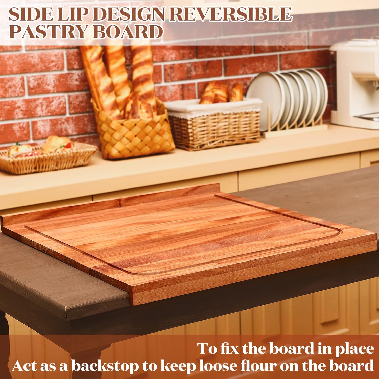 Vesici Reversible Pastry Board with Lip for Rolling Dough Large Wooden Cutting Chopping Kneading Board with Engraved Measurements for Counter Table Top Kitchen(Walnut,24 x 22.8 x 1.5 Inch)