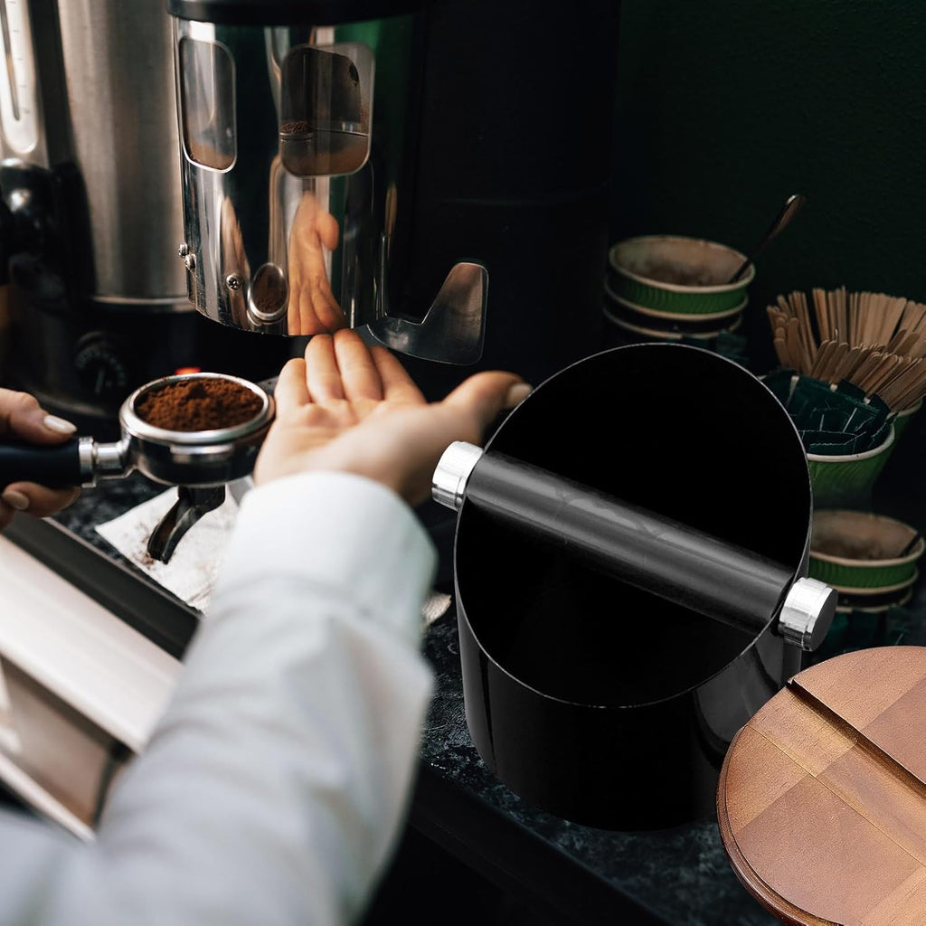 Espresso Knock Box with Walnut Lid for Coffee Grounds, Espresso Machine Accessory, Easy Disposal of Coffee Pucks, Removable Knock Bar(Black)