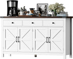 63" Sideboard Buffet Cabinet with Storage, Coffee Bar Cabinet with 3 Drawers and 4 Barn Doors, Long Wider Storage Cabinet Modern Farmhouse, White Wood, for Kitchen, Dining Room, Living Room
