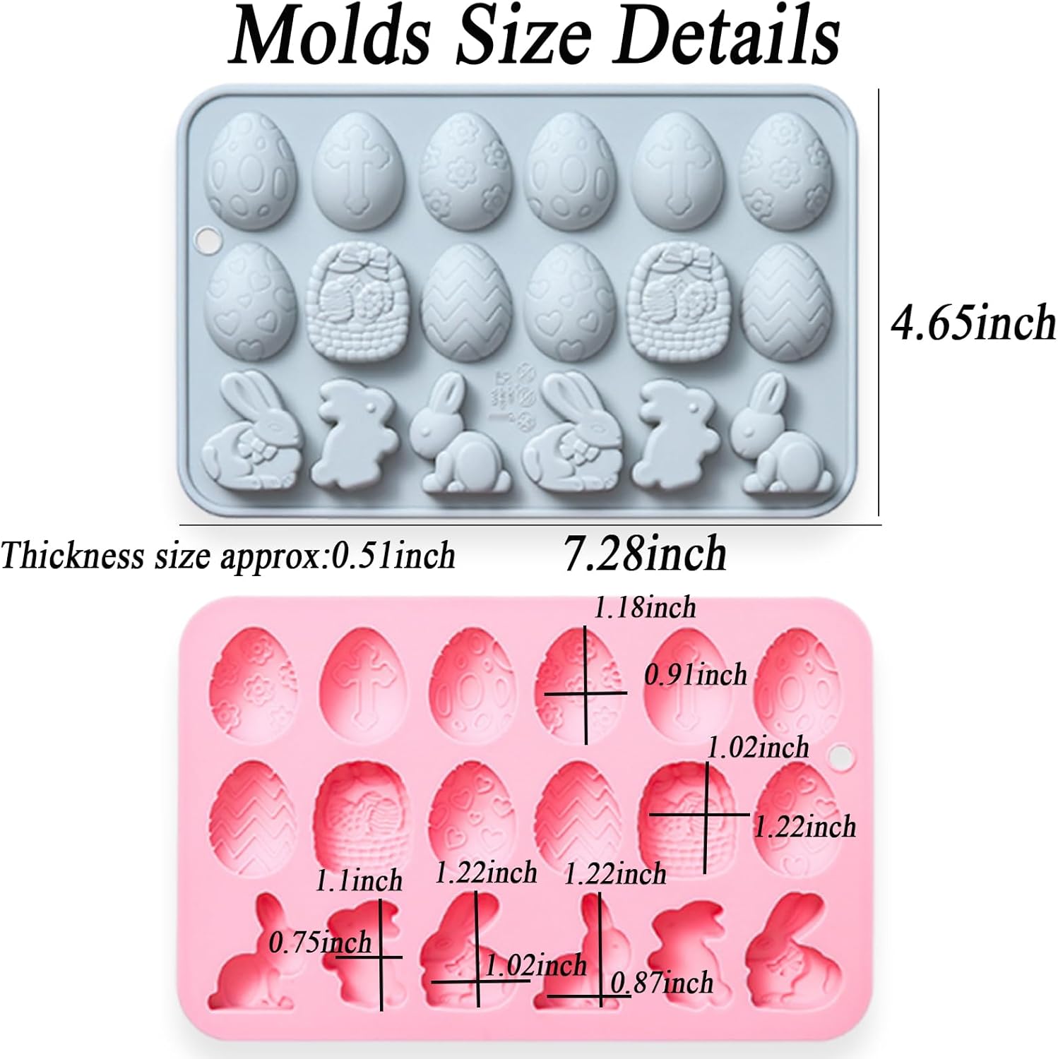 2 Pcs Egg Bunny Silicone Molds, 18-Cavity Baking Molds for DIY Cake Decoration,Chocolate, Pastry, Bread, Ice Cube, Soap, Jello, Easy Release, Reusable