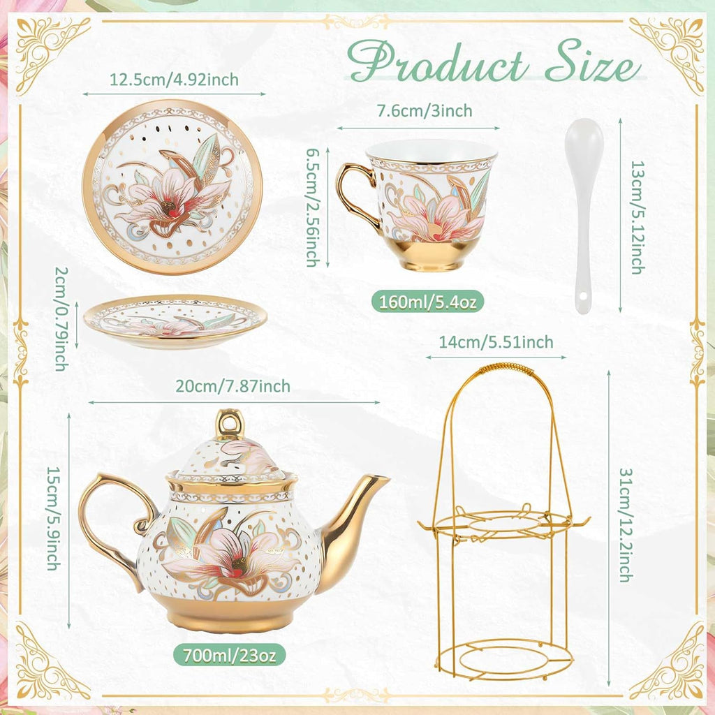 Zhehao 20 Pcs Porcelain Tea Set with Metal Holder and Spoon Adult Ceramic Tea Party Set European Flower Painting Teapot Cup Saucer Spoon Set for Women, Large Version(Traditional Style)